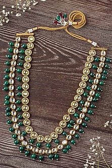 Gold Finish Kundan Polki & Green Beaded Layered Necklace