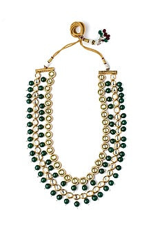 Gold Finish Kundan Polki & Green Beaded Layered Necklace