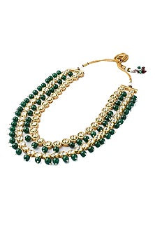 Gold Finish Kundan Polki & Green Beaded Layered Necklace