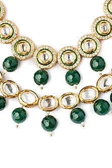 Gold Finish Kundan Polki & Green Beaded Layered Necklace