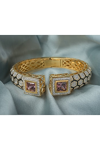 Gold Finish Pink Gemstone Floral Cuff Kada