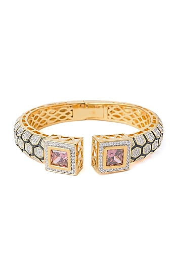 Gold Finish Pink Gemstone Floral Cuff Kada