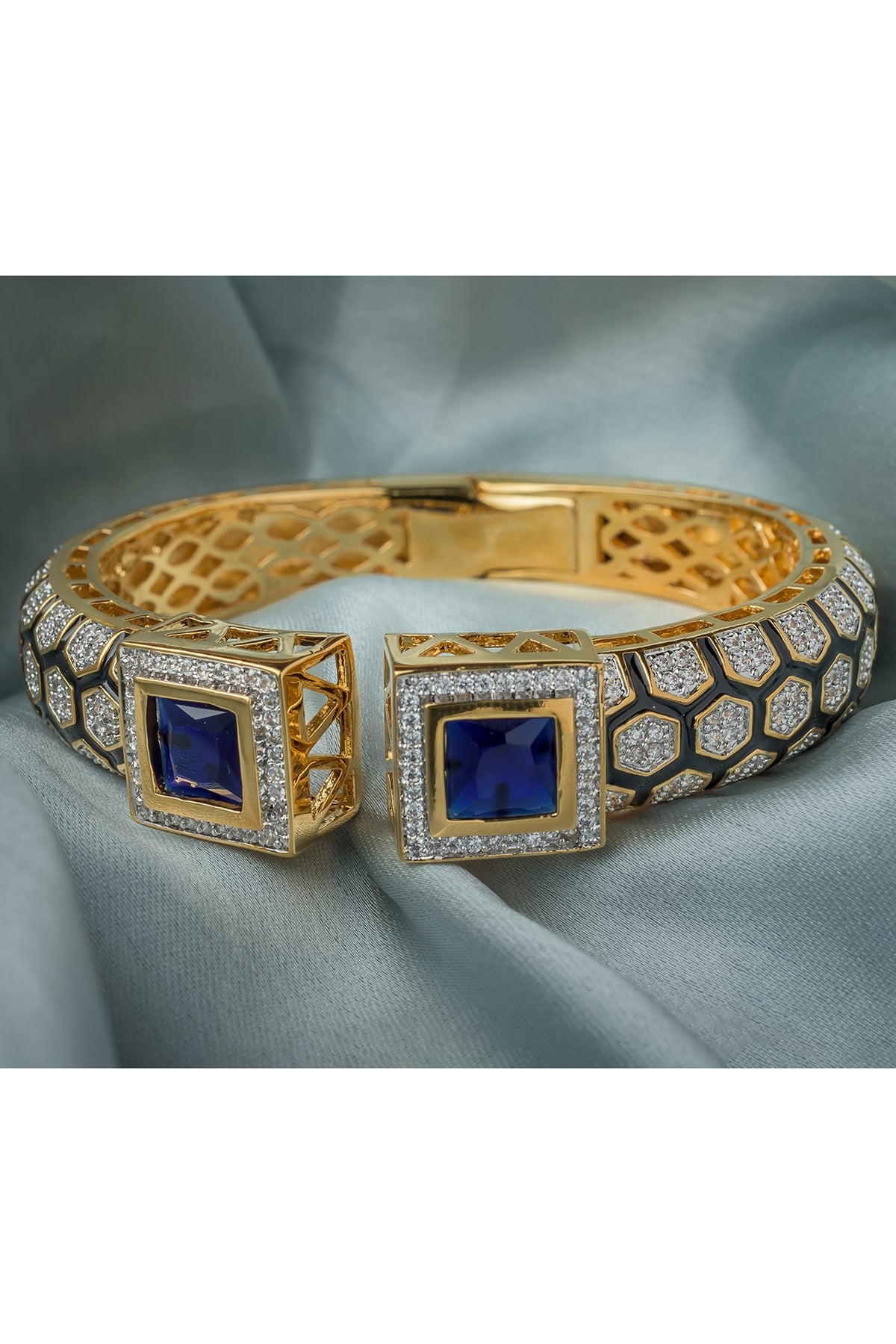 Gold Finish Blue Gemstone Floral Cuff Kada