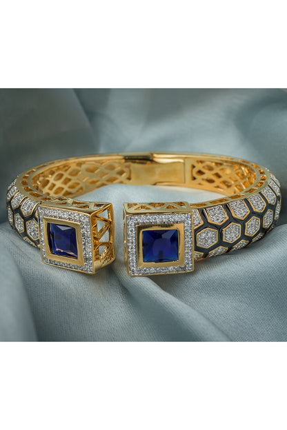 Gold Finish Blue Gemstone Floral Cuff Kada