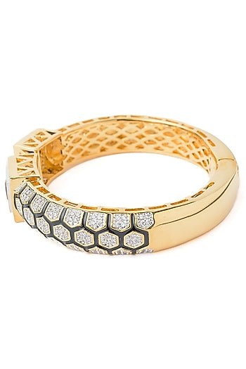 Gold Finish Blue Gemstone Floral Cuff Kada