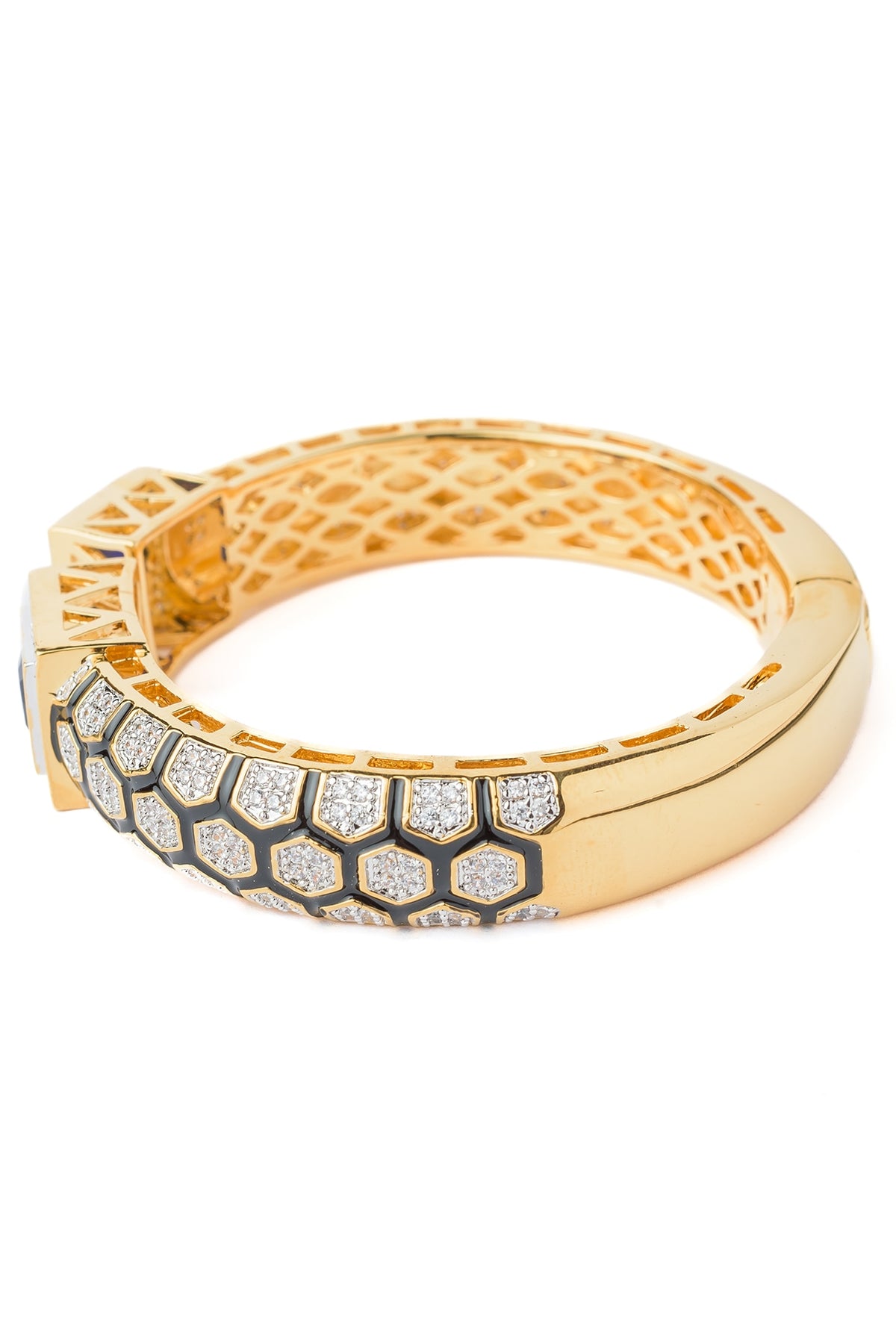 Gold Finish Blue Gemstone Floral Cuff Kada