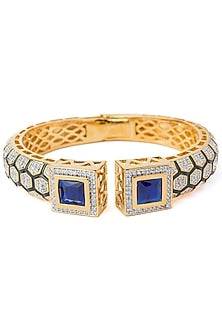 Gold Finish Blue Gemstone Floral Cuff Kada