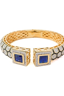 Gold Finish Blue Gemstone Floral Cuff Kada