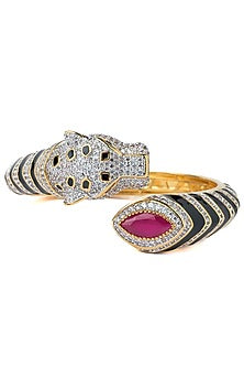 Gold Finish Red Gemstone Black Enameled Cuff Kada