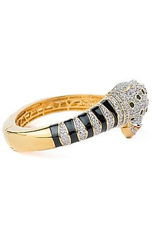 Gold Finish Red Gemstone Black Enameled Cuff Kada