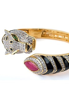 Gold Finish Red Gemstone Black Enameled Cuff Kada