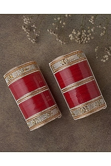 Gold Finish Red Chuda Bangles (Set Of 2)