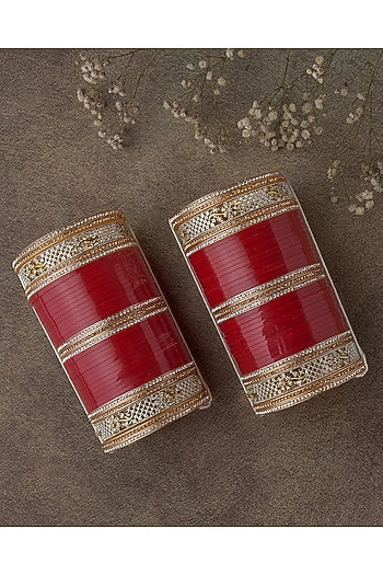 Gold Finish Red Chuda Bangles (Set Of 2)