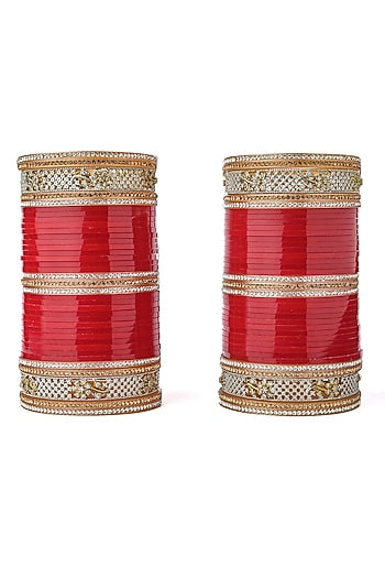 Gold Finish Red Chuda Bangles (Set Of 2)