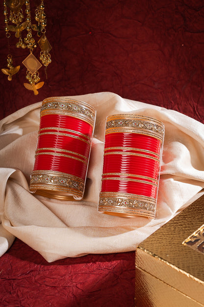 Gold Finish Red Chuda Bangles (Set Of 2)