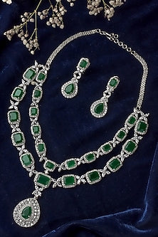 Silver Finish Emerald Green Gemstone Layered Necklace Set