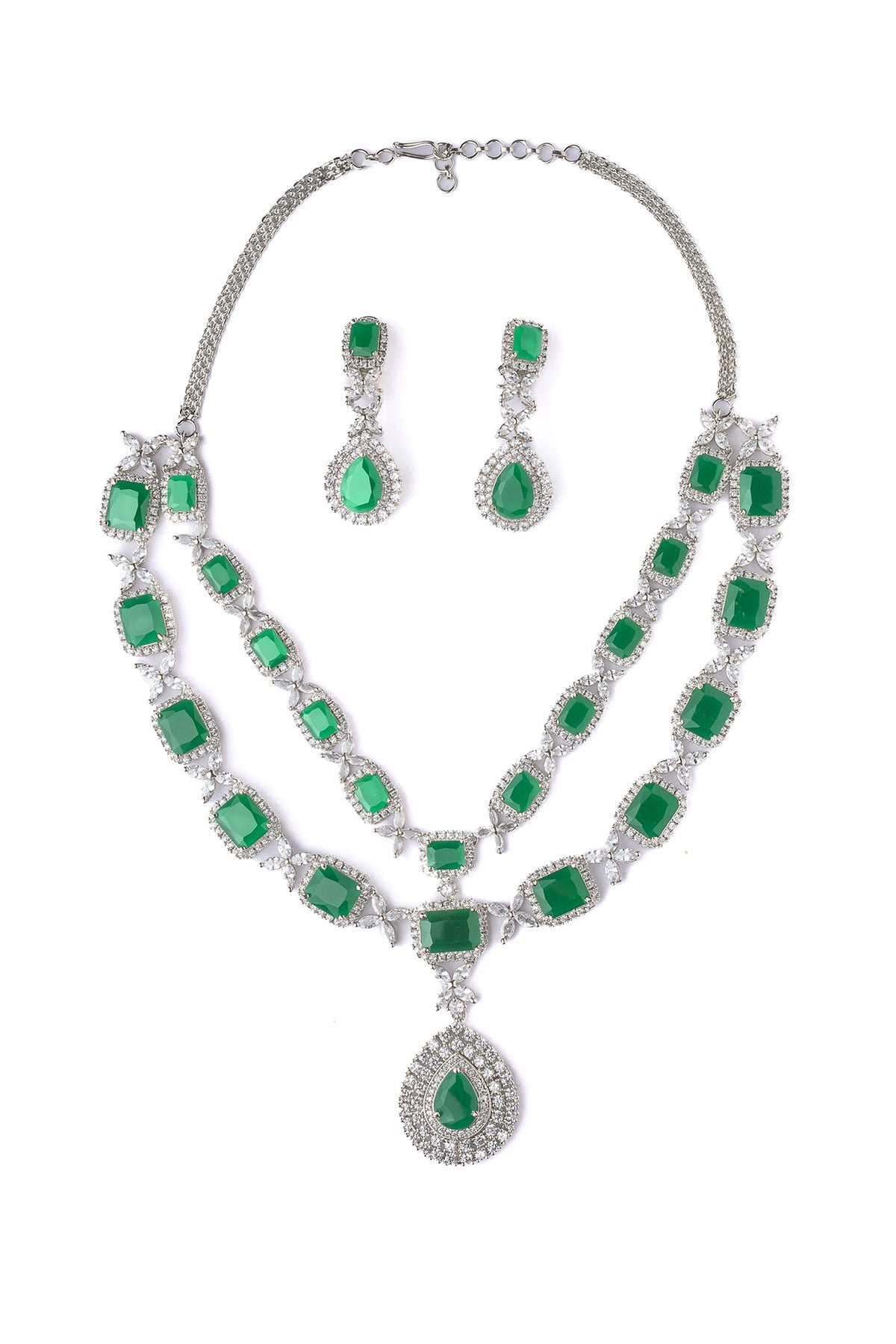 Silver Finish Emerald Green Gemstone Layered Necklace Set