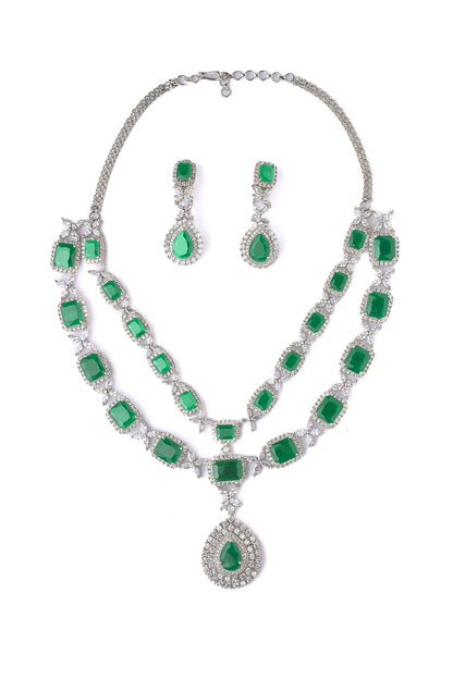 Silver Finish Emerald Green Gemstone Layered Necklace Set