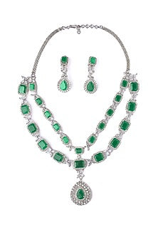 Silver Finish Emerald Green Gemstone Layered Necklace Set
