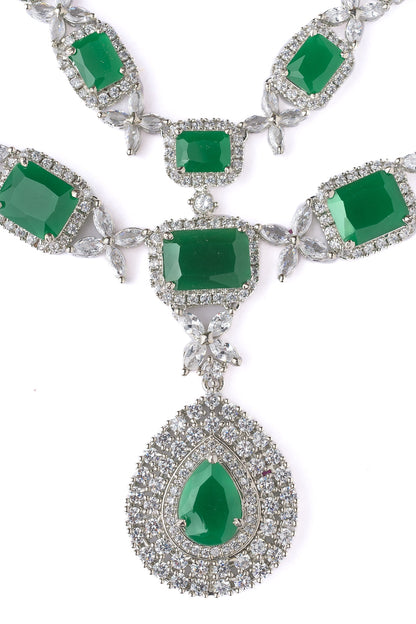 Silver Finish Emerald Green Gemstone Layered Necklace Set