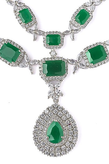 Silver Finish Emerald Green Gemstone Layered Necklace Set