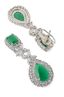 Silver Finish Emerald Green Gemstone Layered Necklace Set