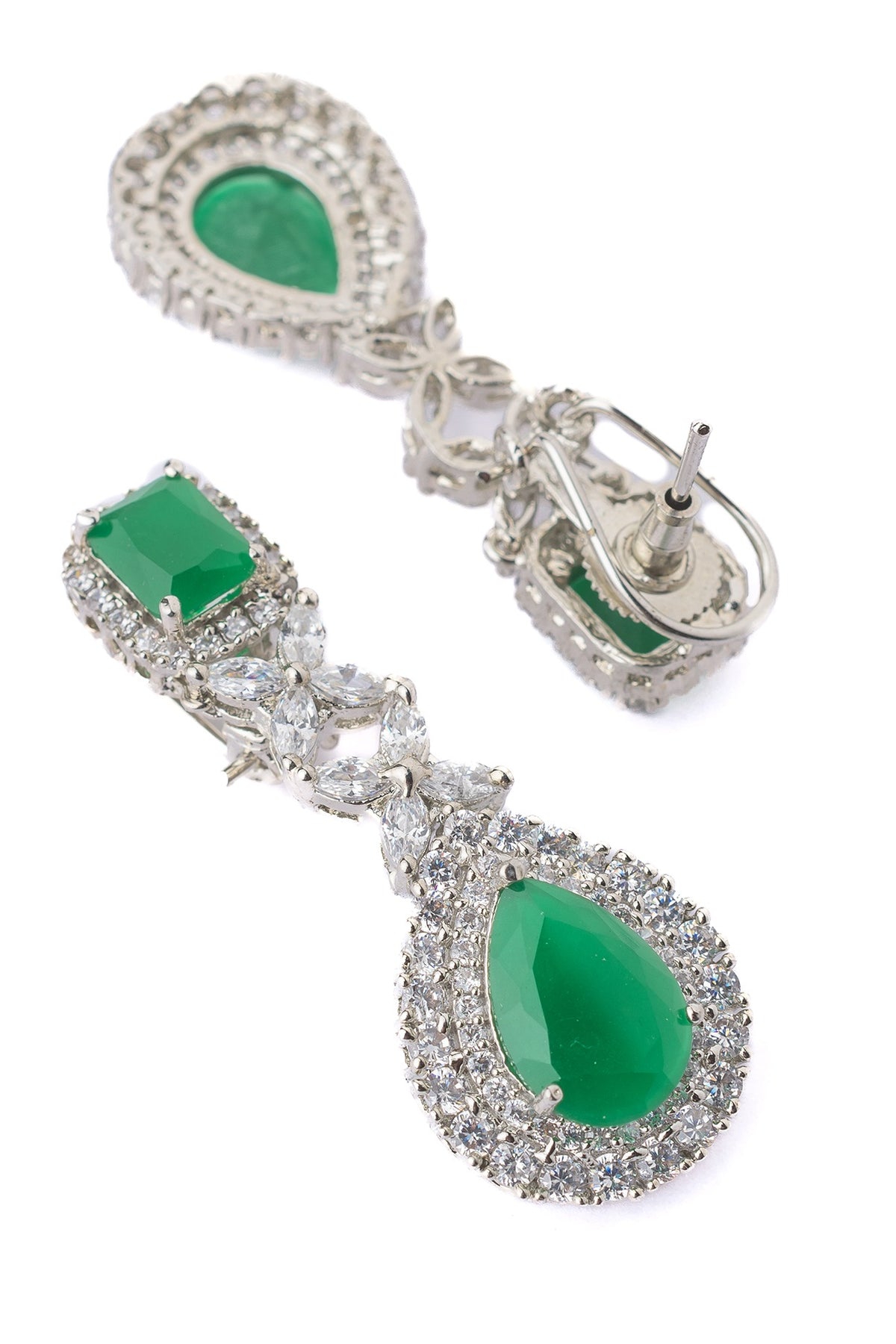 Silver Finish Emerald Green Gemstone Layered Necklace Set
