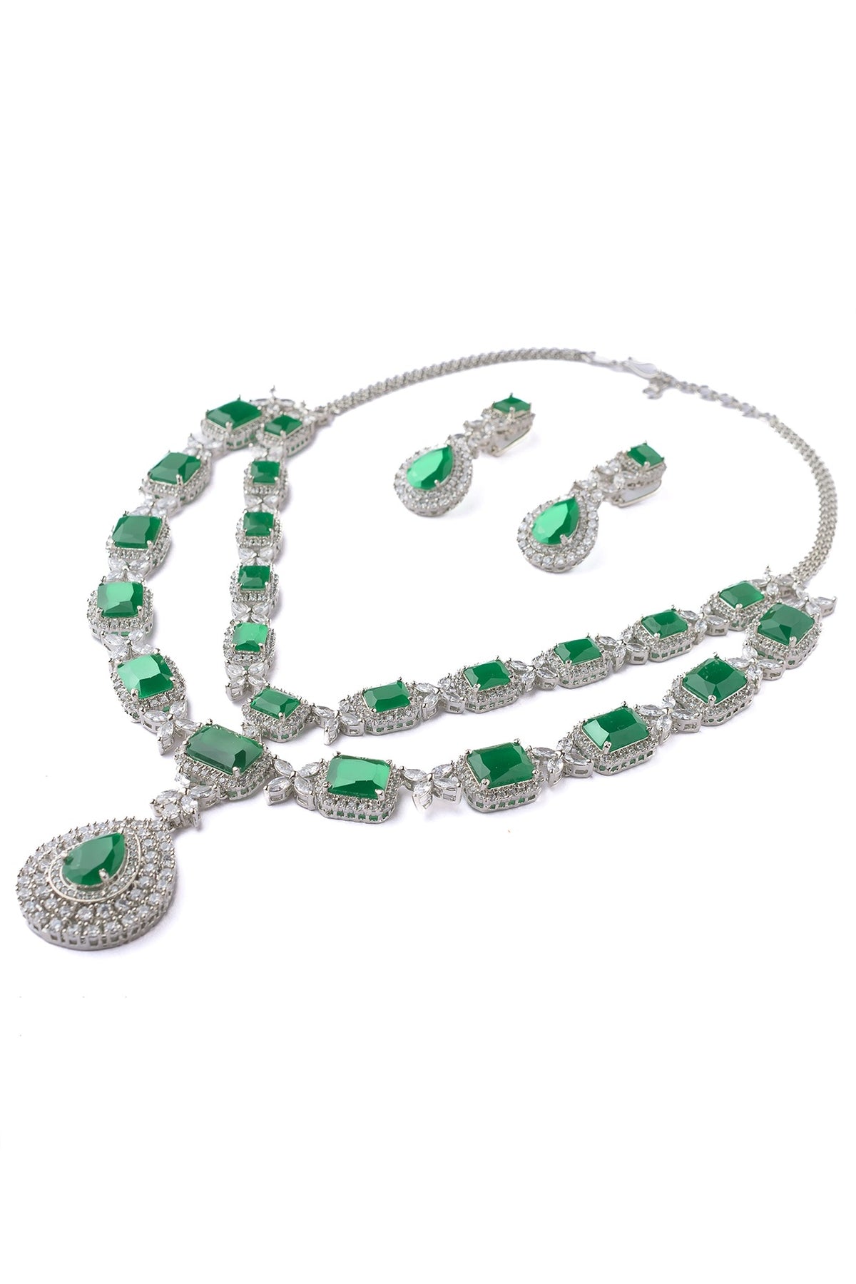 Silver Finish Emerald Green Gemstone Layered Necklace Set