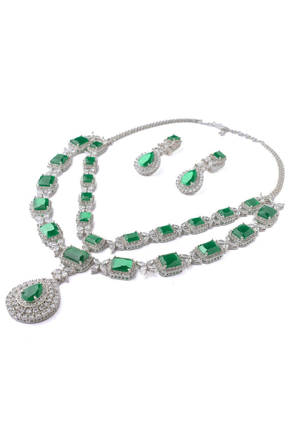 Silver Finish Emerald Green Gemstone Layered Necklace Set