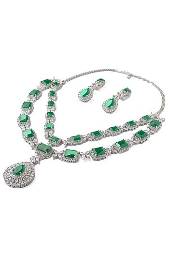 Silver Finish Emerald Green Gemstone Layered Necklace Set
