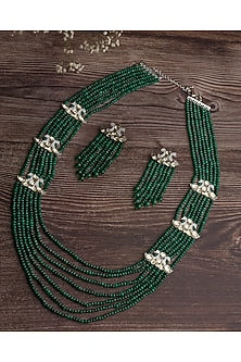 Gold Finish Green Beaded & Crystal Layered Necklace Set
