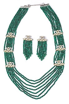 Gold Finish Green Beaded & Crystal Layered Necklace Set