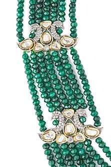 Gold Finish Green Beaded & Crystal Layered Necklace Set