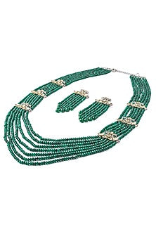 Gold Finish Green Beaded & Crystal Layered Necklace Set