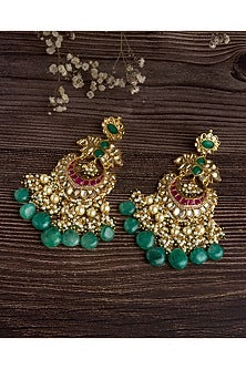 Gold Finish Green & Pink Stone Floral Dangler Earrings