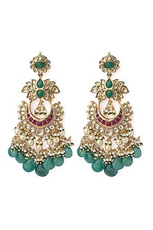 Gold Finish Green & Pink Stone Floral Dangler Earrings