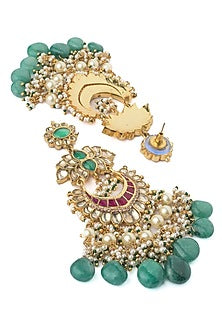 Gold Finish Green & Pink Stone Floral Dangler Earrings