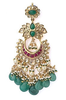 Gold Finish Green & Pink Stone Floral Dangler Earrings