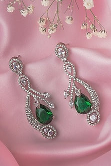 Silver Finish Green & White Gemstone Dangler Earrings