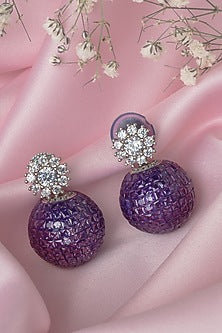 Silver Finish Purple Glitter & White Stone Earrings