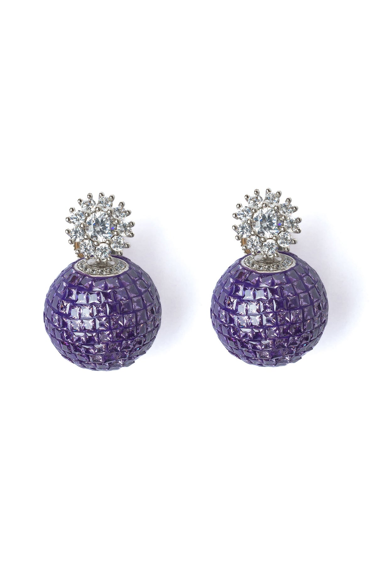 Silver Finish Purple Glitter & White Stone Earrings