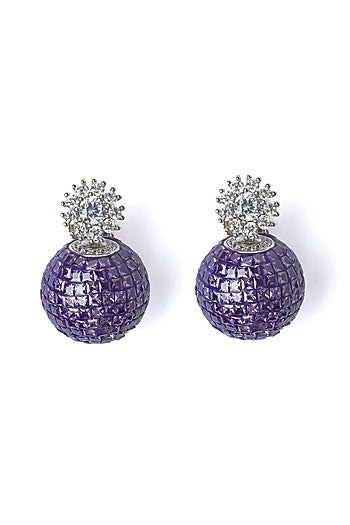 Silver Finish Purple Glitter & White Stone Earrings