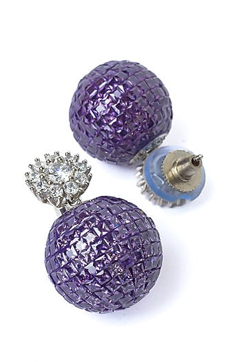 Silver Finish Purple Glitter & White Stone Earrings