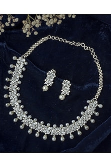 Silver Finish Pearl & Crystal Choker Necklace Set