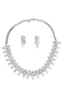Silver Finish Pearl & Crystal Choker Necklace Set