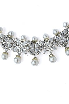 Silver Finish Pearl & Crystal Choker Necklace Set