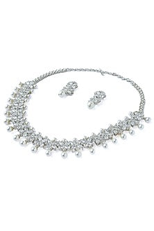 Silver Finish Pearl & Crystal Choker Necklace Set
