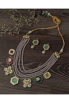 Gold Finish Purple Beaded Enameled Necklace Set