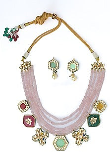 Gold Finish Purple Beaded Enameled Necklace Set