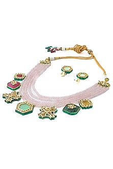 Gold Finish Purple Beaded Enameled Necklace Set